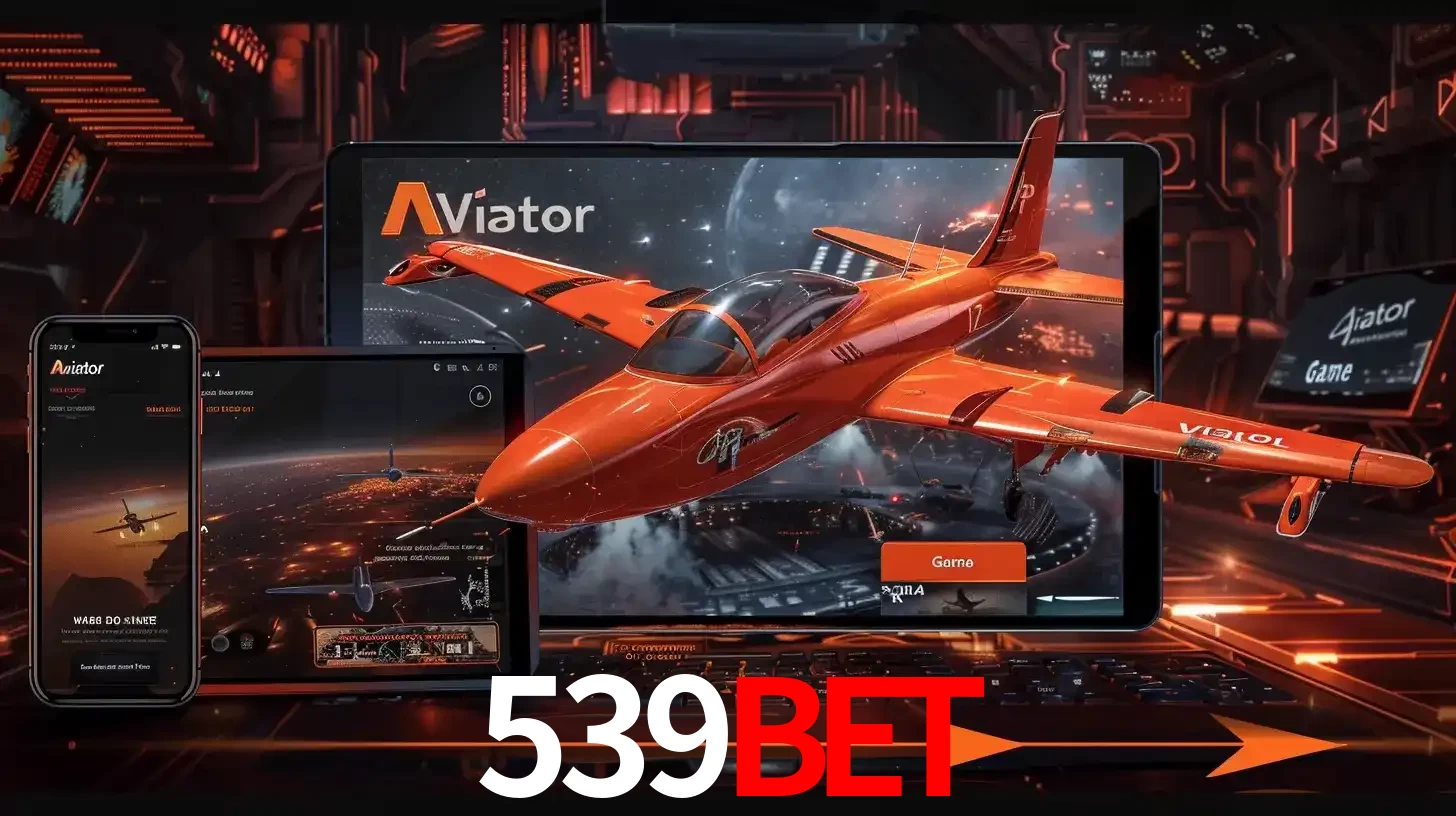 Apresentação tecnológica do jogo Aviator com um avião saindo da tela de um tablet, demonstrando a experiência imersiva em múltiplos dispositivos no 539bet.