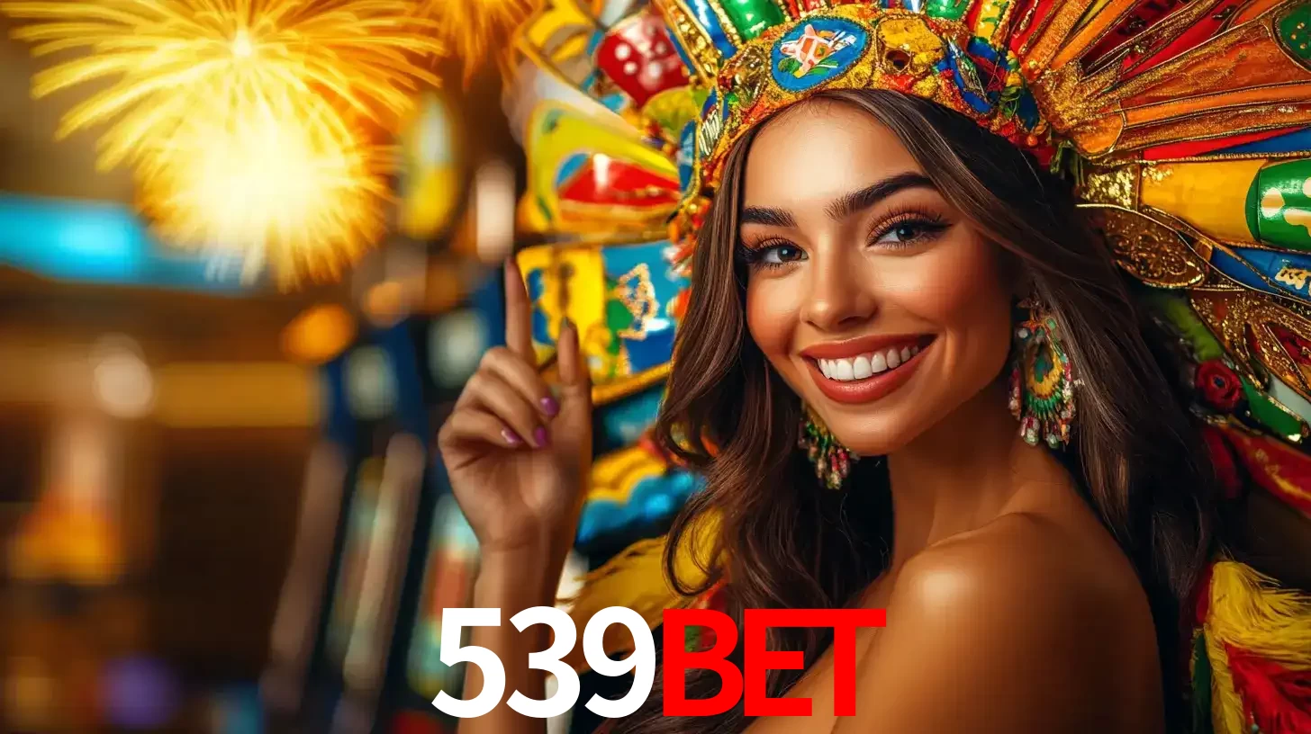 Mulher sorridente com um cocar de carnaval vibrante e colorido, celebrando uma grande vitória nos jogos do cassino 539bet com fogos de artifício ao fundo.