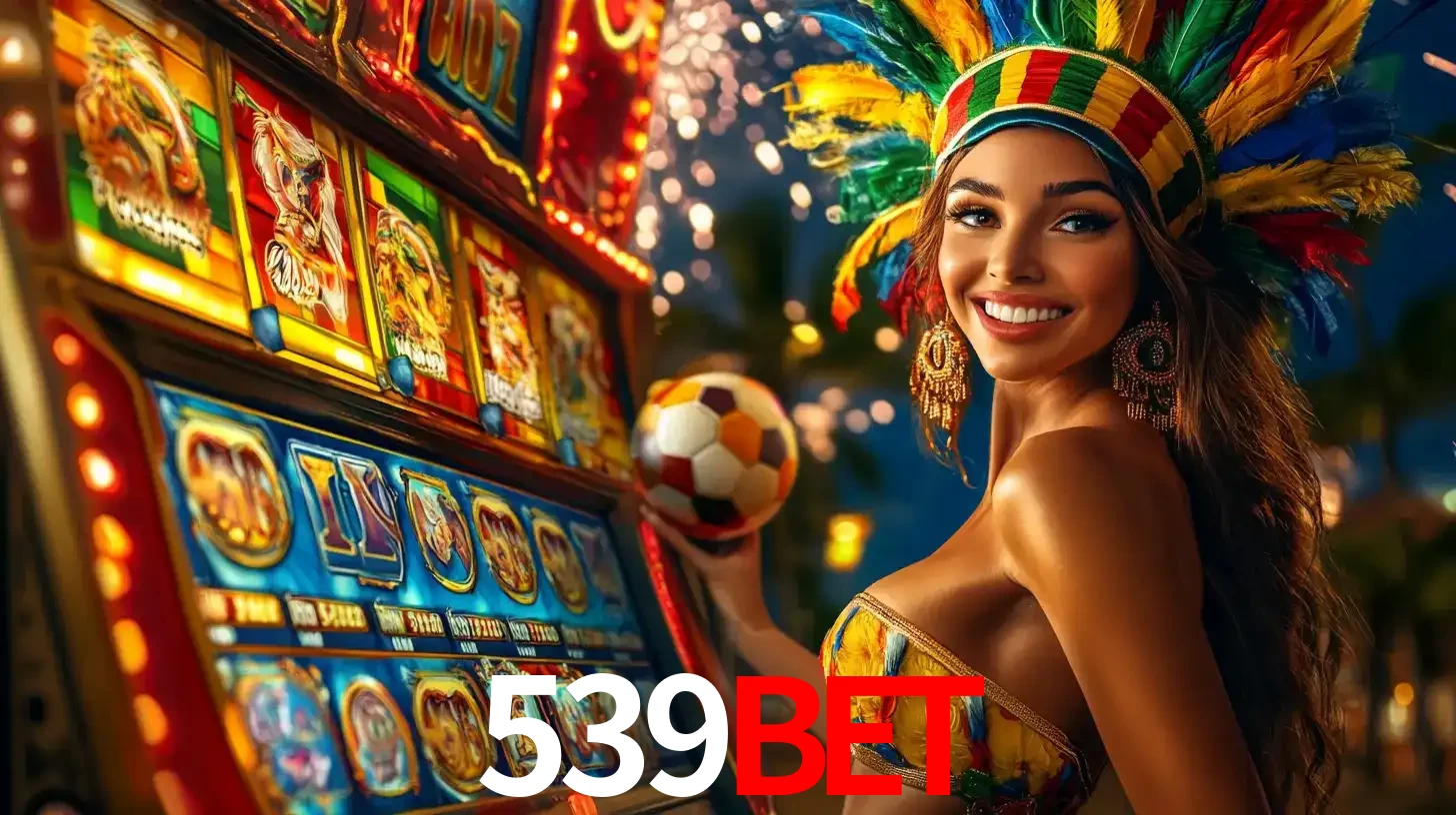 Mulher com um cocar de carnaval ao lado de uma máquina de caça-níqueis enquanto segura uma bola de futebol, mostrando a união da diversão de cassino e esportes no 539bet.