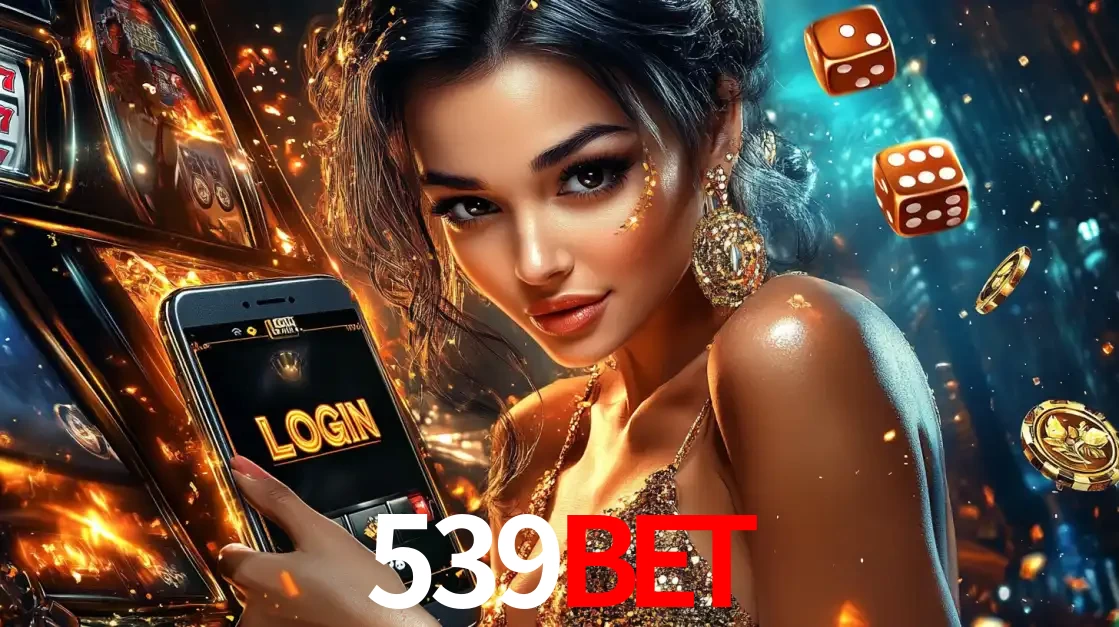 Mulher glamourosa segurando um celular com a tela de login do cassino 539bet, rodeada por dados e moedas douradas, pronta para começar a diversão.