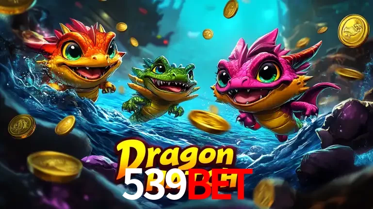 Arte promocional do jogo Dragon Hatch com três adoráveis dragões bebês nadando entre moedas de ouro, um dos slots mais divertidos para jogar no cassino 539bet.