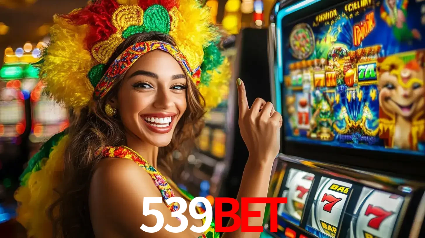 Mulher animada com um cocar de carnaval apontando para uma máquina de caça-níqueis, mostrando a emoção de ganhar um grande prêmio nos jogos do 539bet.