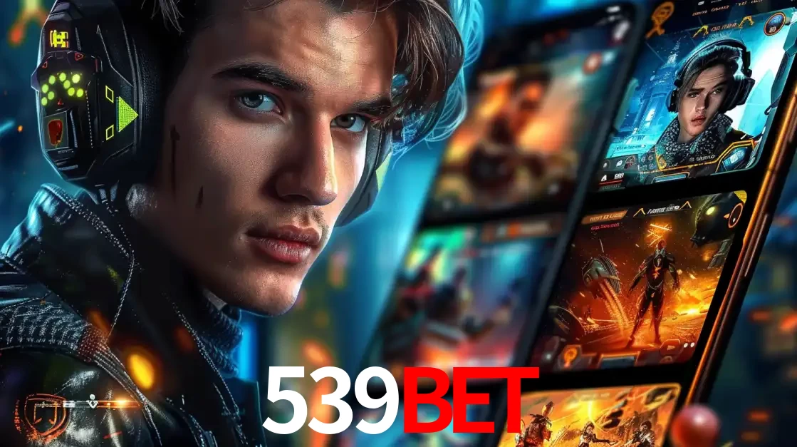 Jovem jogador com fones de ouvido olhando para a câmera, com um aplicativo de jogos e e-sports para celular ao fundo, pronto para a competição e apostas no 539bet.