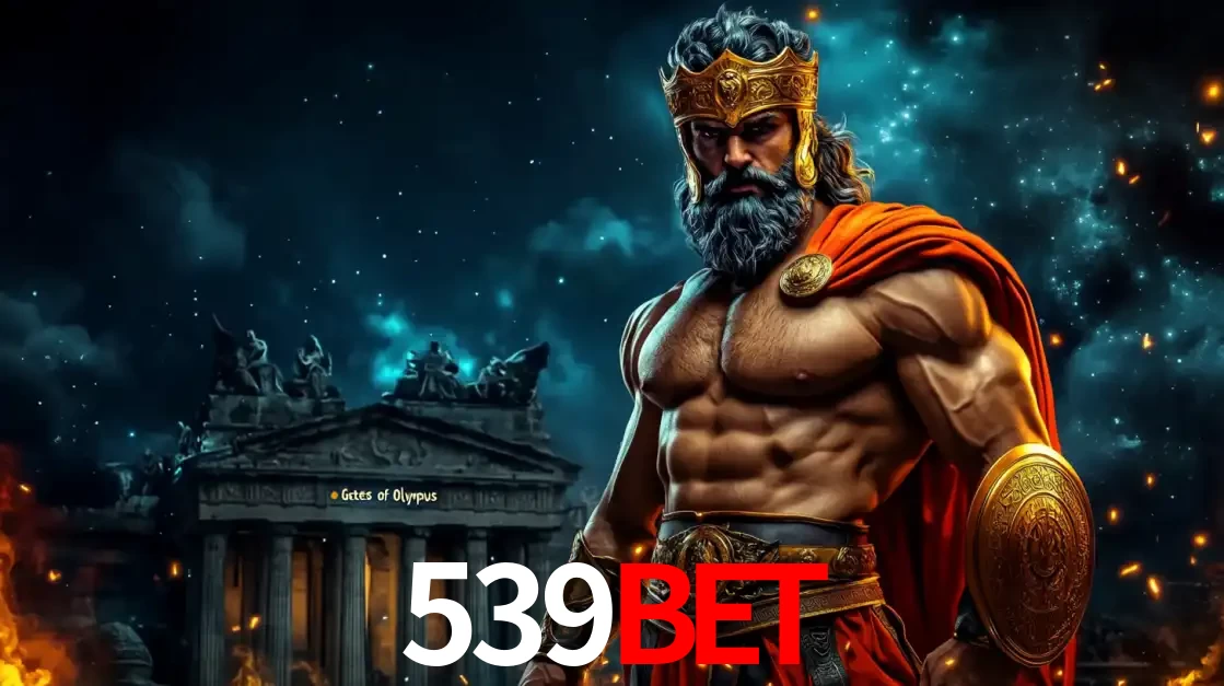 O poderoso Zeus do jogo de slot Gates of Olympus em frente ao seu templo, pronto para lançar multiplicadores divinos e prêmios épicos no cassino online 539bet.