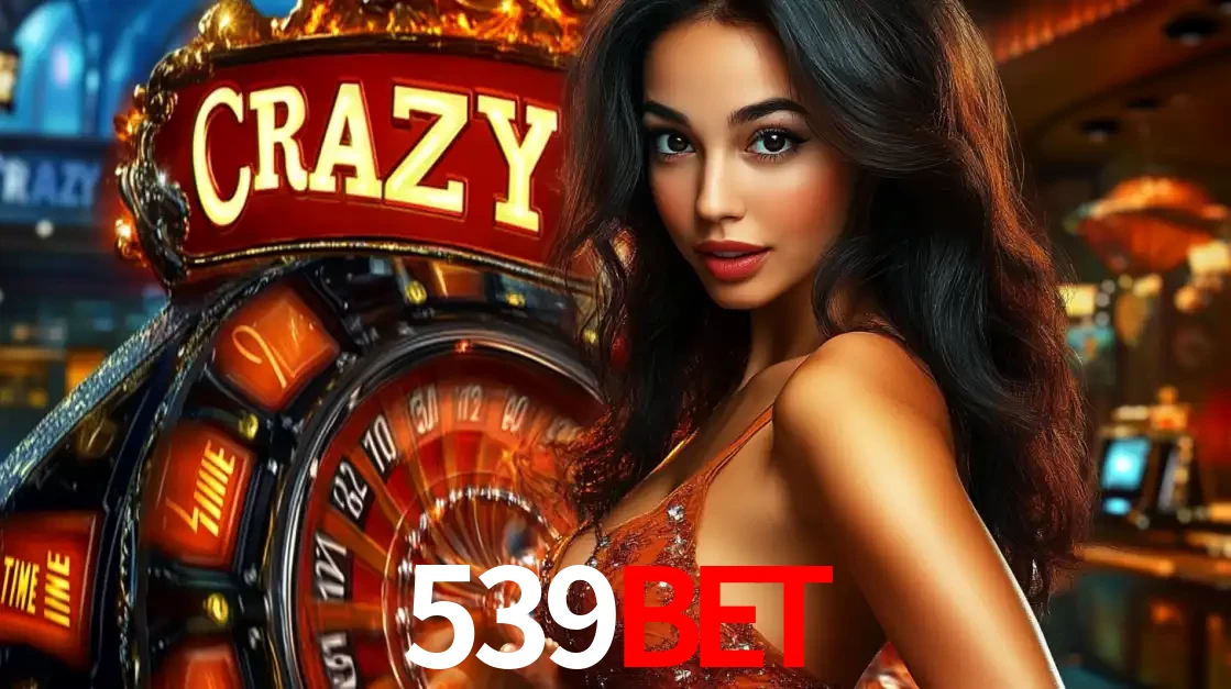 Mulher glamourosa olhando para a câmera com a roda vermelha do Crazy Time ao fundo em um ambiente de cassino, destacando a emoção dos jogos ao vivo no 539bet.