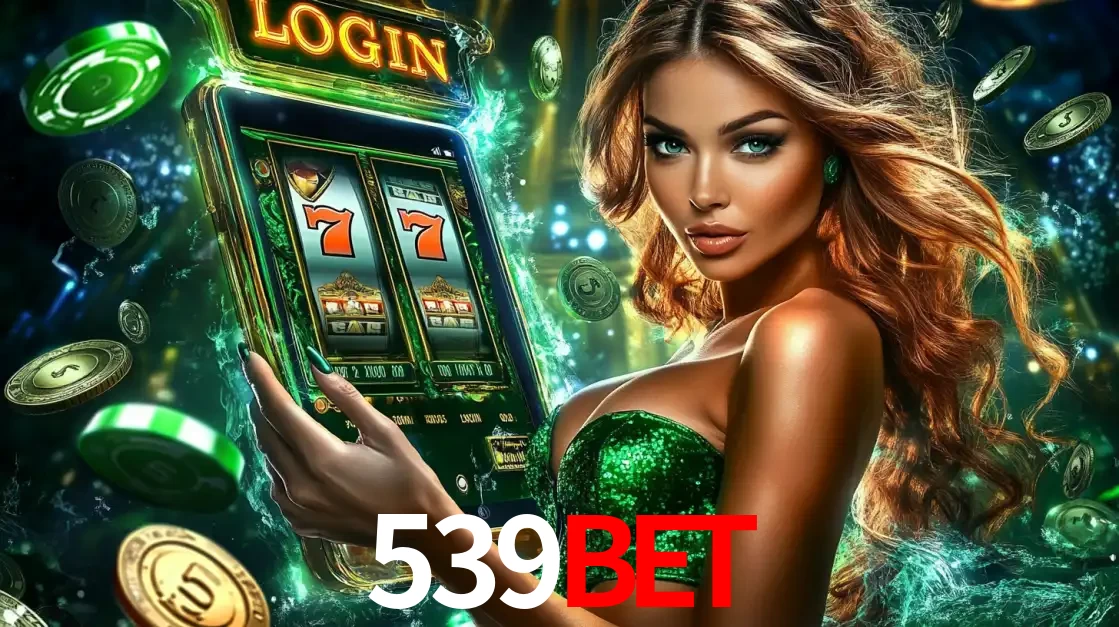 Mulher com tema verde apresentando o aplicativo do cassino 539bet com um jogo de slot de 777, cercada por fichas de cassino e uma aura de sorte.