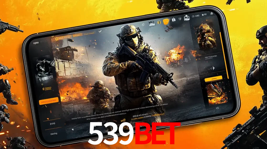 Um smartphone exibindo a interface de um jogo de tiro em primeira pessoa, com um soldado em um cenário de batalha, representando a ação dos e-sports para apostar no 539bet.