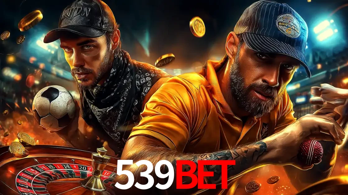 Montagem de apostas esportivas e cassino no 539bet, com um homem segurando uma bola de futebol e outro uma de beisebol sobre uma roleta e moedas voadoras.