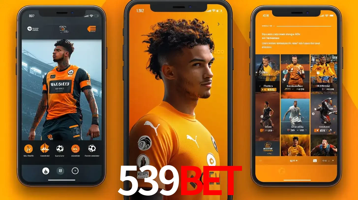 Interface do aplicativo de apostas esportivas 539bet em três telas de celular, mostrando o perfil de um jogador de futebol e a lista de jogos disponíveis para apostar.