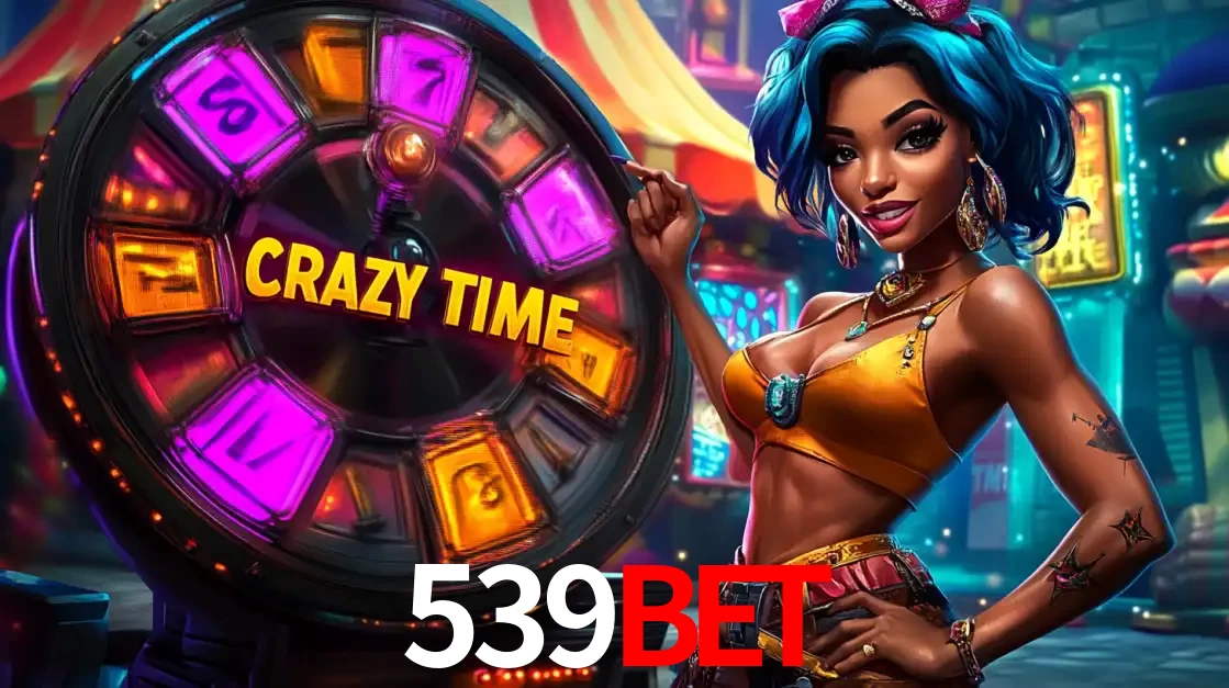 Mulher estilizada com cabelo azul e visual vibrante posando ao lado da roda de prêmios do game show Crazy Time, convidando para a diversão e os bônus do cassino 539bet.