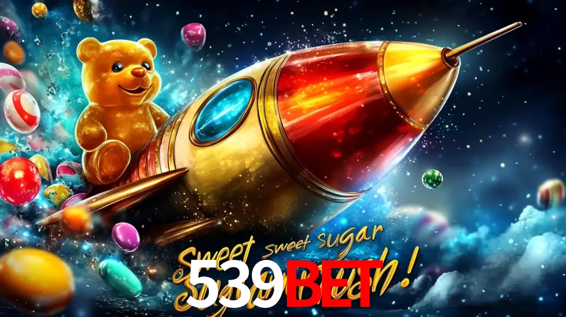Arte promocional do jogo de slot Sugar Rush, com um urso de pelúcia em um foguete viajando pelo espaço de doces, um dos jogos divertidos disponíveis no cassino 539bet.