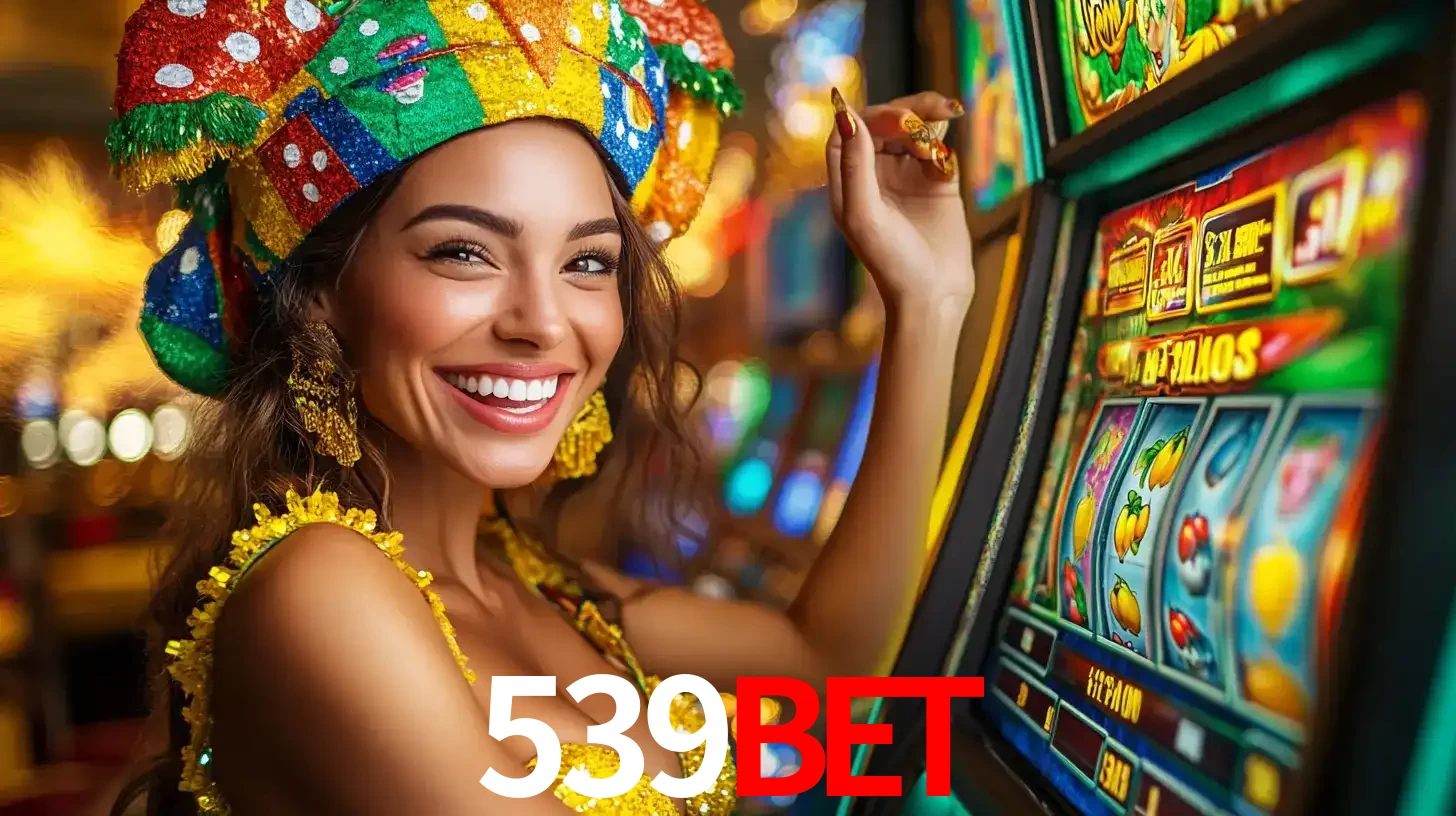 Mulher feliz com traje de carnaval amarelo e colorido ao lado de uma máquina de caça-níqueis, aproveitando a diversão e os jogos temáticos do cassino 539bet.