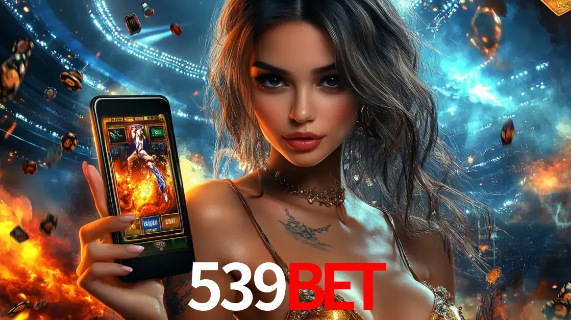 Mulher segurando um celular com um jogo de slot em destaque, tendo como fundo um estádio vibrante, simbolizando a emoção de jogar no cassino móvel 539bet.